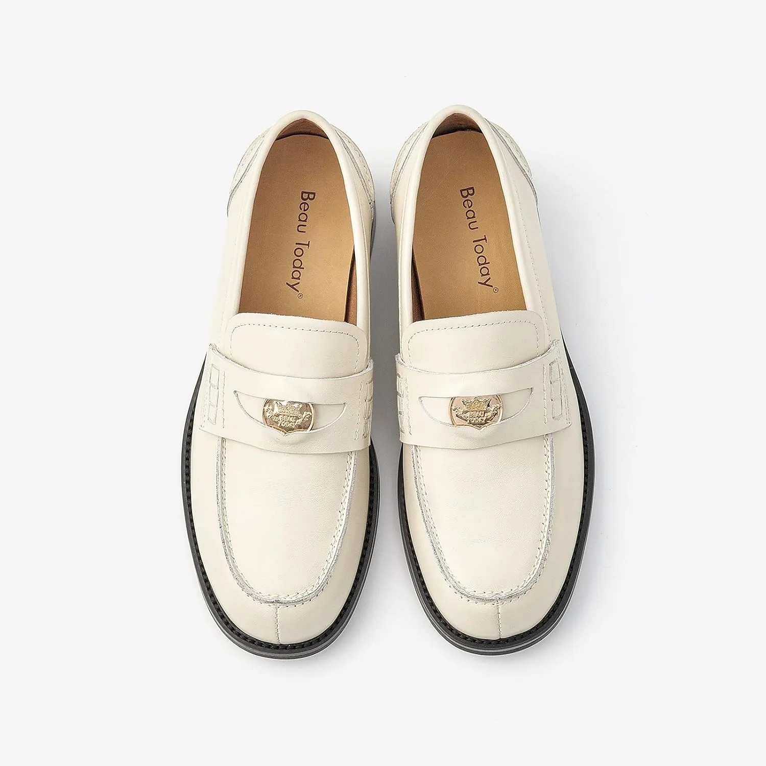 BEAU TODAY Flat Loafers for Women, Women’s Leather Penny Loafers, Slip-on Flats for Women, Comfortable Dressy Business Casual Office Non-Slip Round Toe Loafers