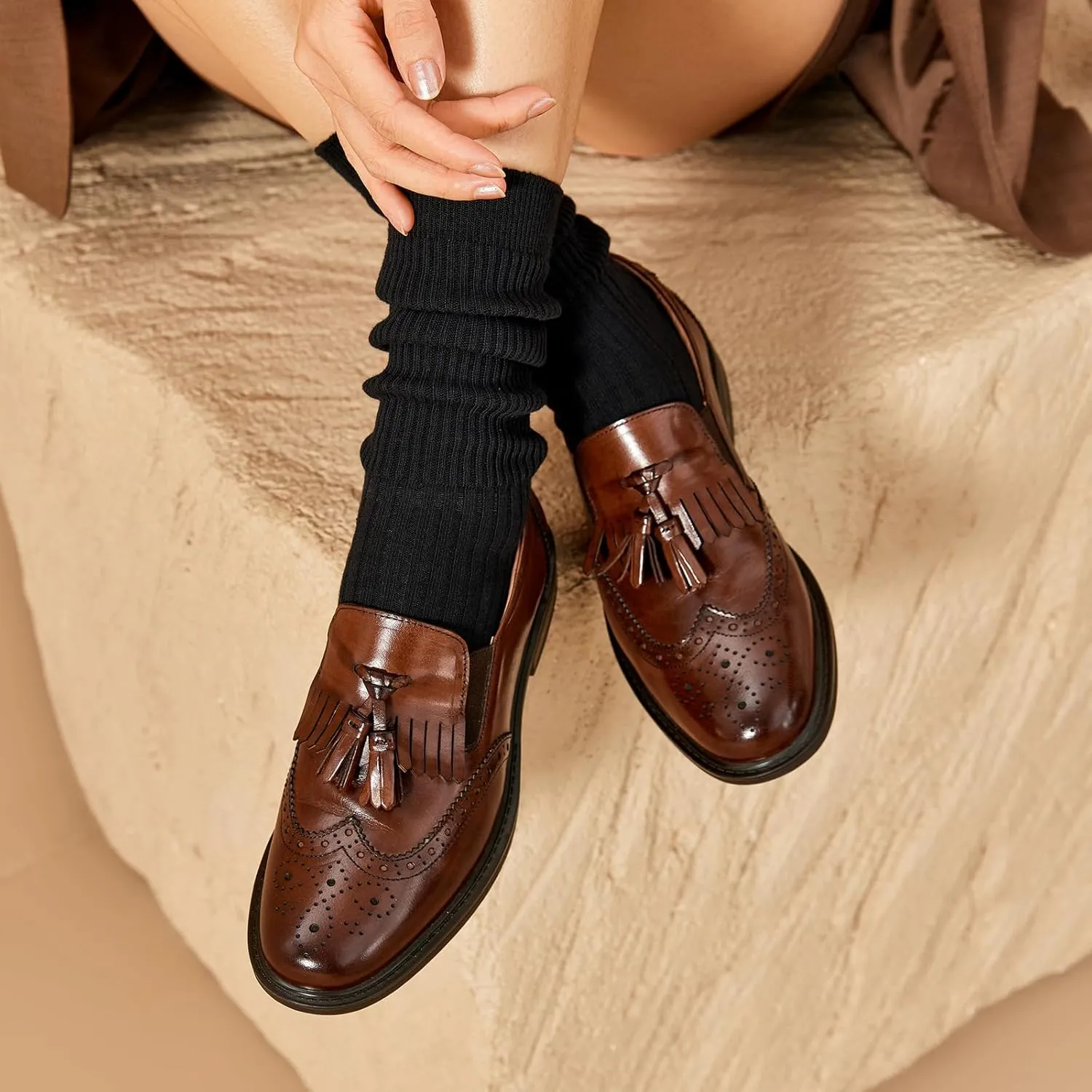 BEAU TODAY Tassel Loafers for Women,Leather Brogue Dress Shoes,Wingtips Oxford for Women,Breathable Comfortable Slip-on Lace-up Handmade Flat Shoes for Business Work