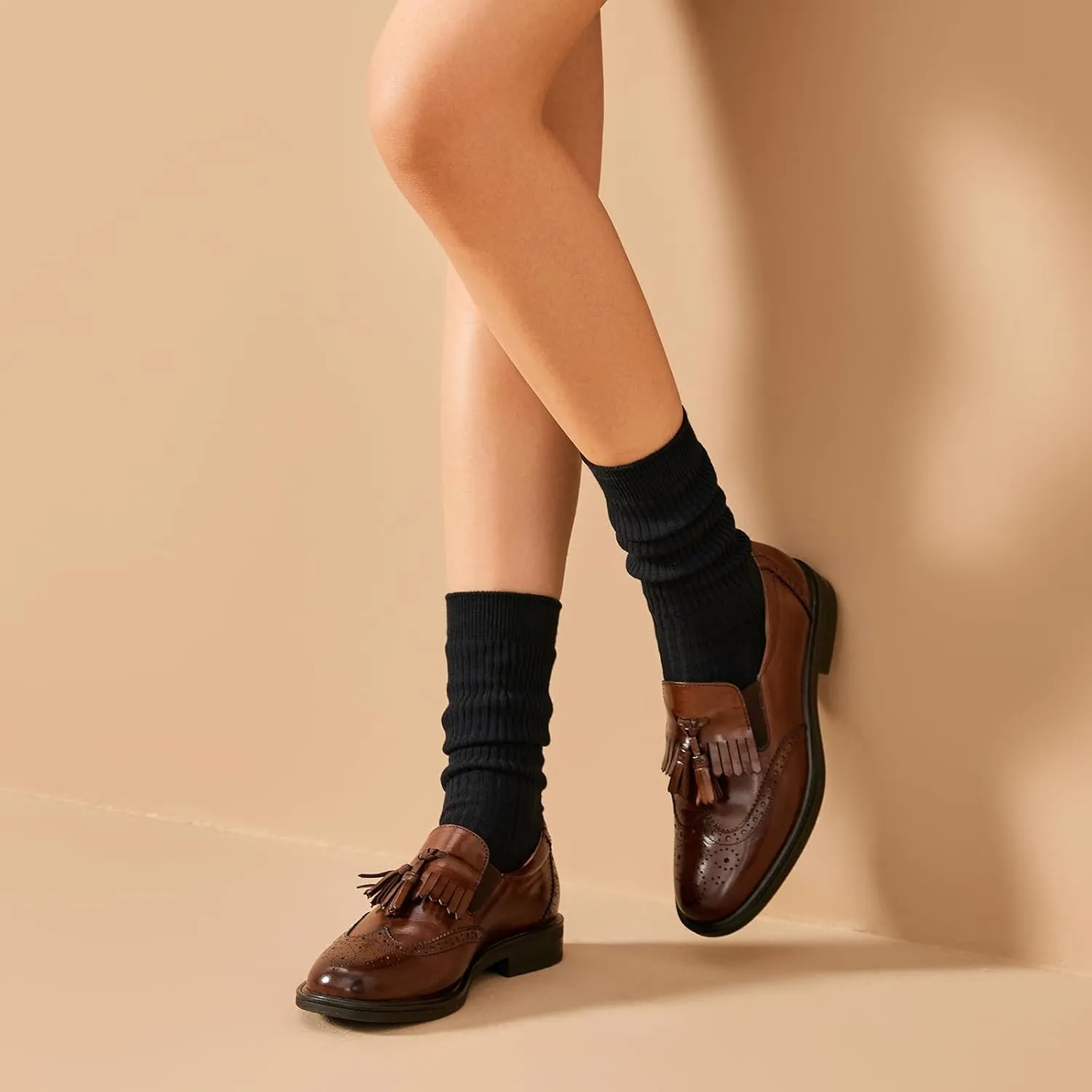 BEAU TODAY Tassel Loafers for Women,Leather Brogue Dress Shoes,Wingtips Oxford for Women,Breathable Comfortable Slip-on Lace-up Handmade Flat Shoes for Business Work