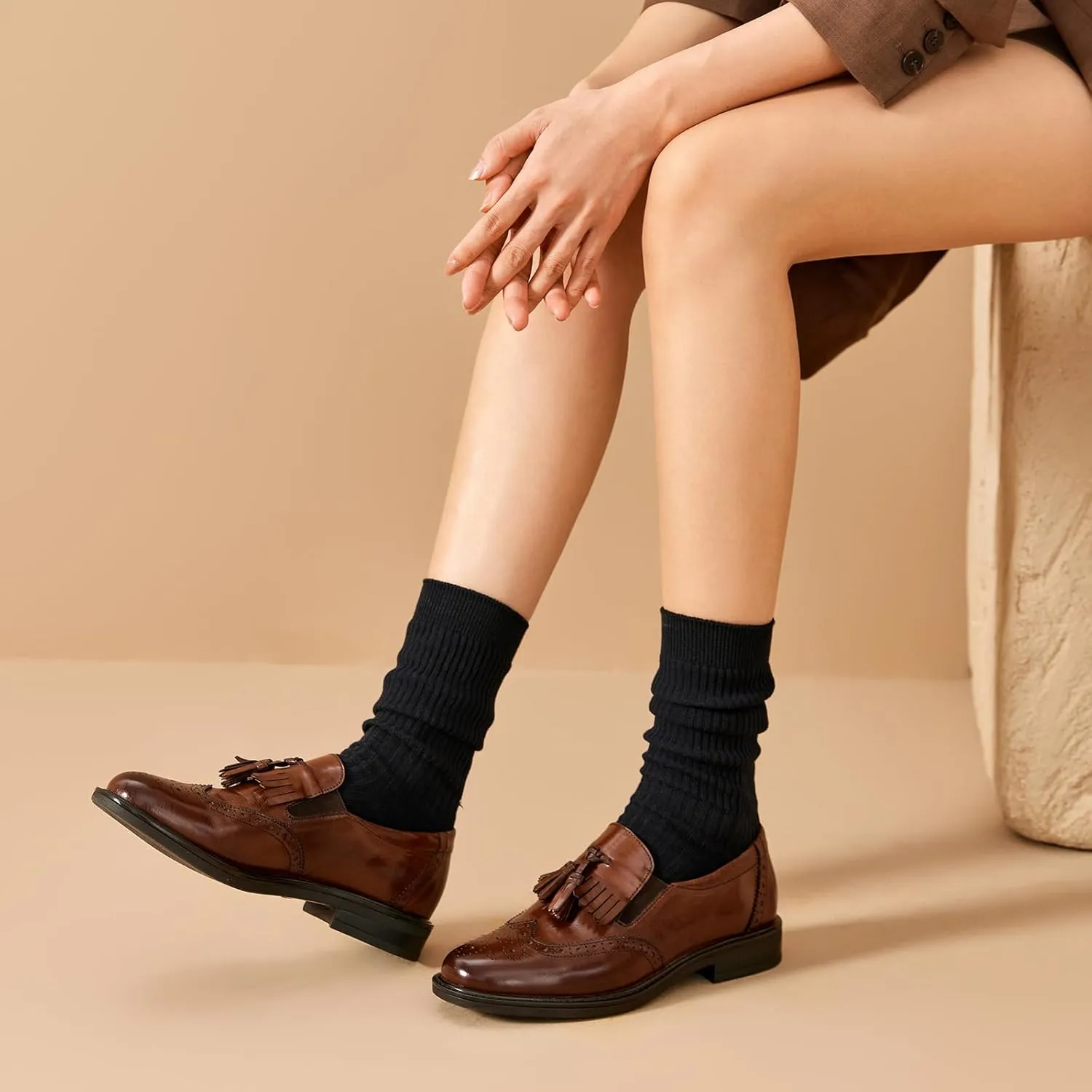 BEAU TODAY Tassel Loafers for Women,Leather Brogue Dress Shoes,Wingtips Oxford for Women,Breathable Comfortable Slip-on Lace-up Handmade Flat Shoes for Business Work