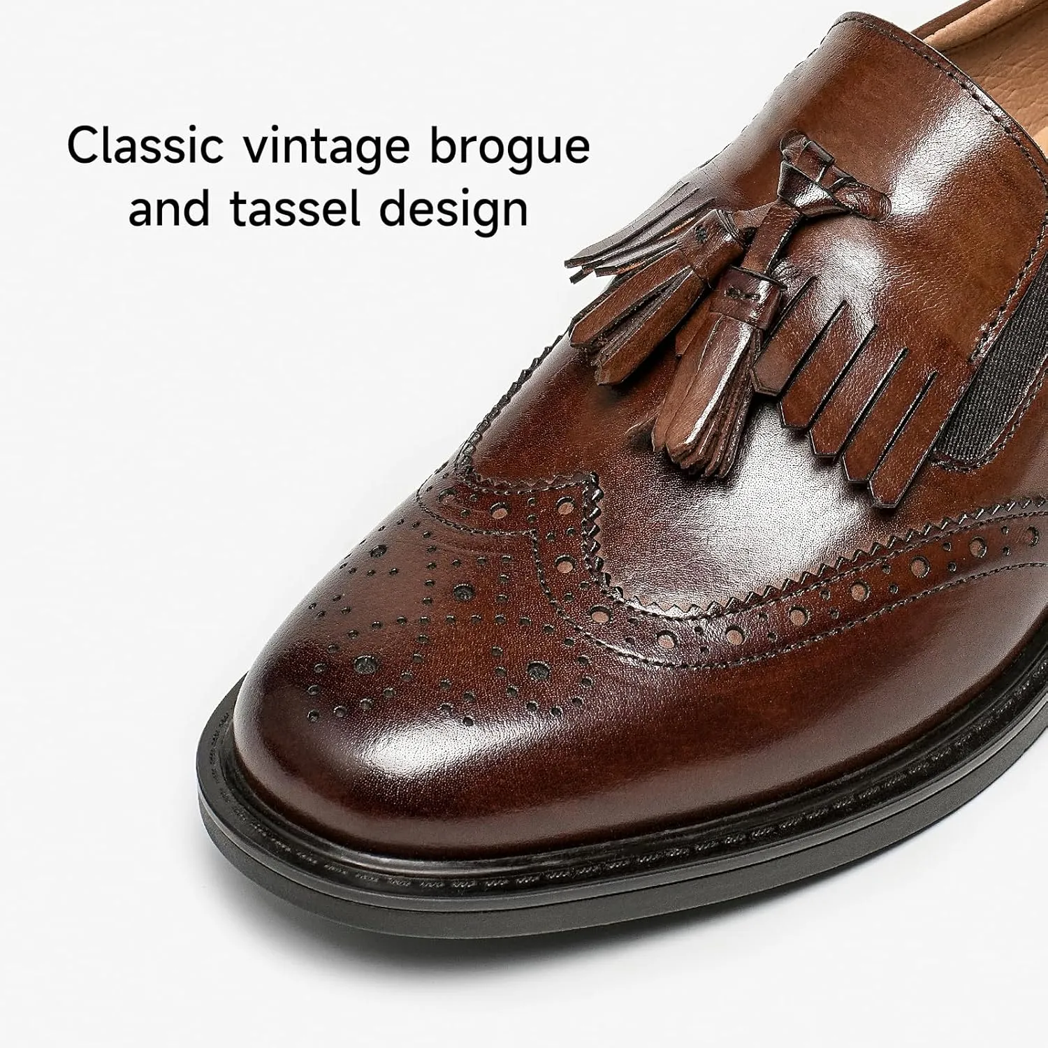 BEAU TODAY Tassel Loafers for Women,Leather Brogue Dress Shoes,Wingtips Oxford for Women,Breathable Comfortable Slip-on Lace-up Handmade Flat Shoes for Business Work