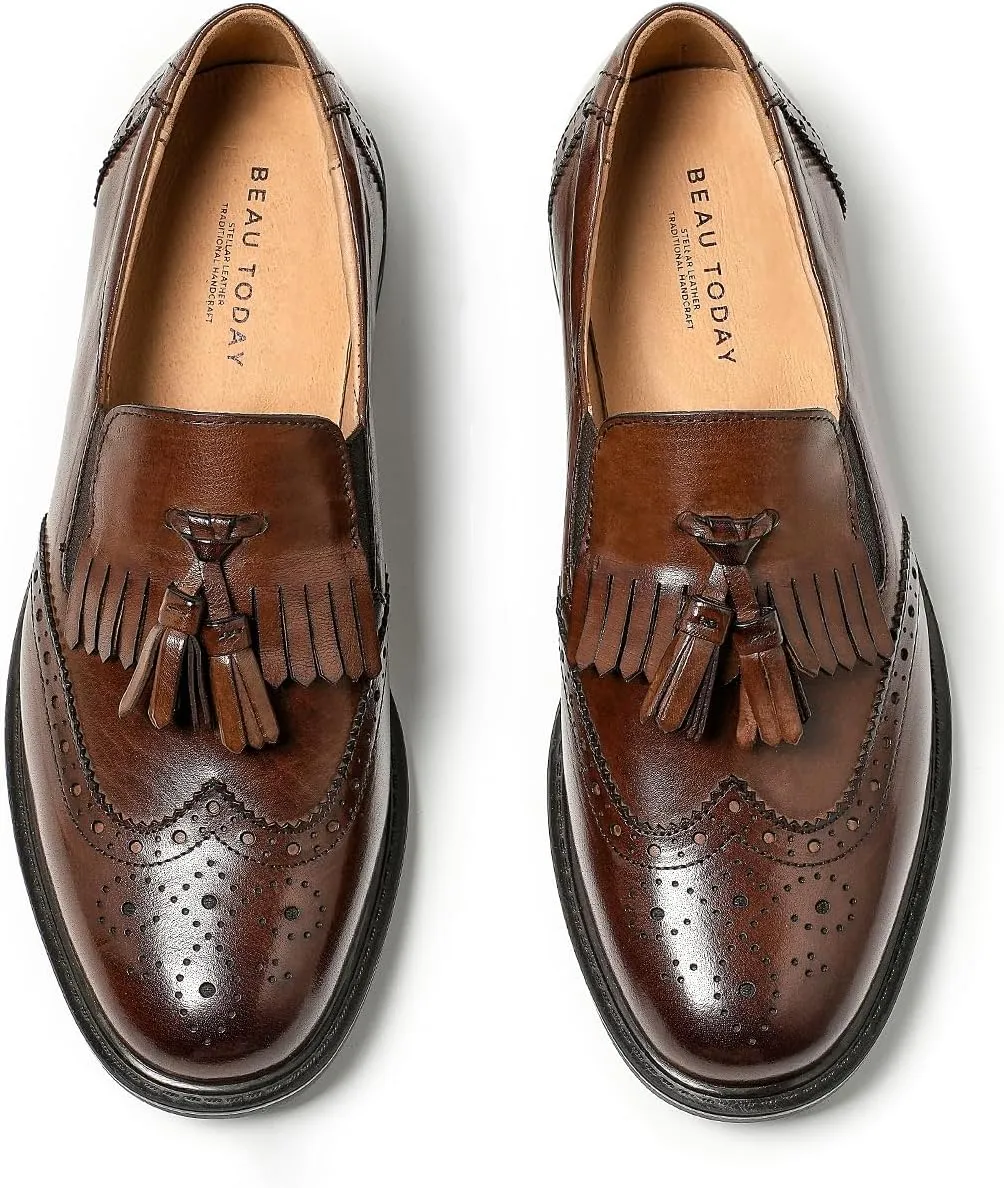 BEAU TODAY Tassel Loafers for Women,Leather Brogue Dress Shoes,Wingtips Oxford for Women,Breathable Comfortable Slip-on Lace-up Handmade Flat Shoes for Business Work