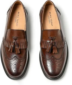 BEAU TODAY Tassel Loafers for Women,Leather Brogue Dress Shoes,Wingtips Oxford for Women,Breathable Comfortable Slip-on Lace-up Handmade Flat Shoes for Business Work