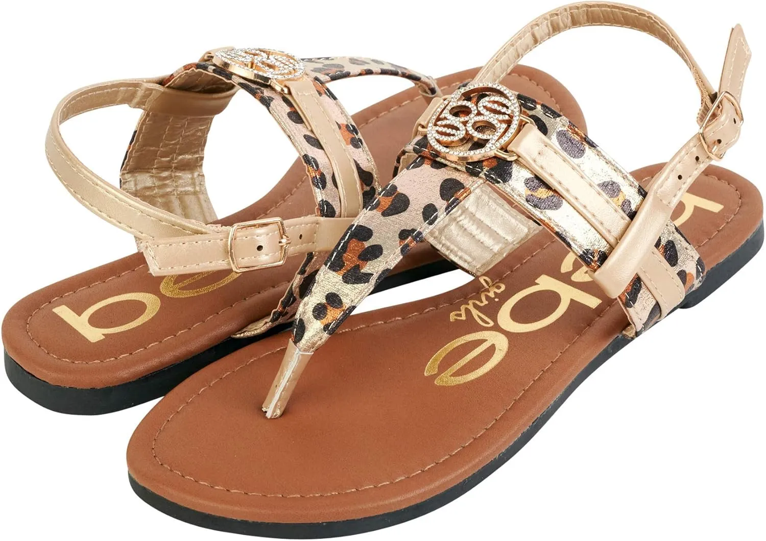 bebe Girls' Sandals - Leopard Print Thong Dress Sandals with Ankle Strap, Open Toe Easter Summer Shoes for Little Girls