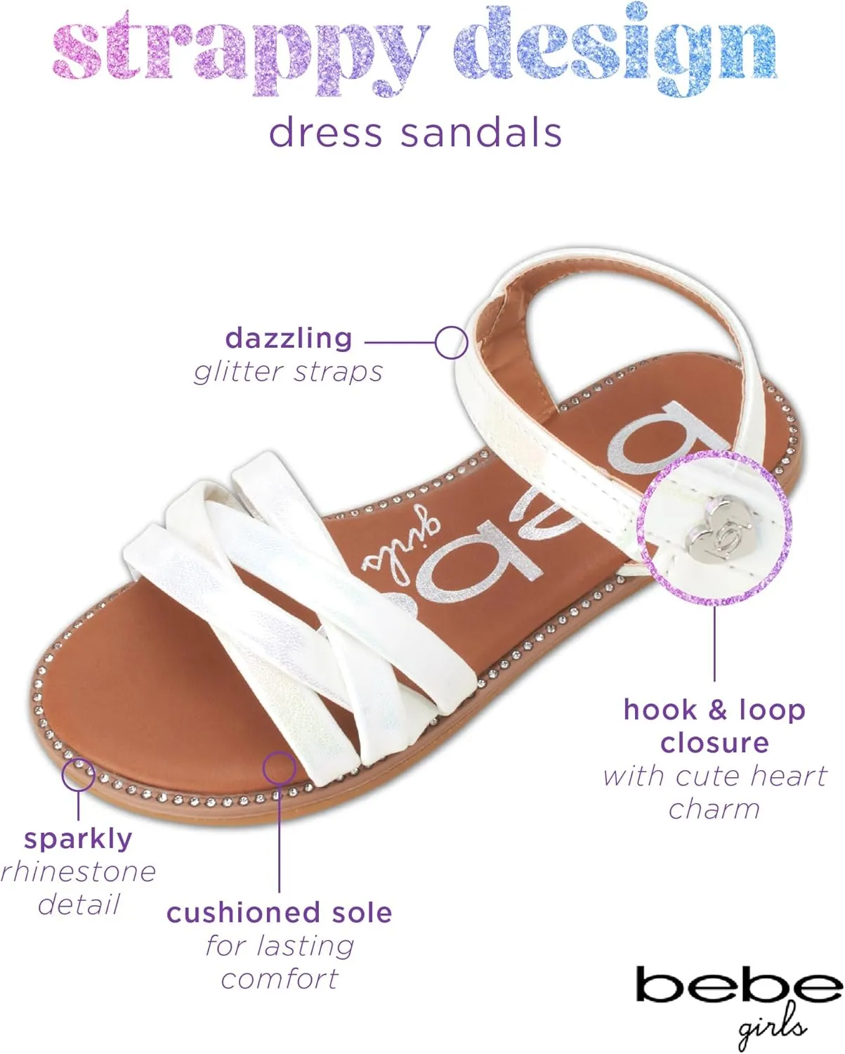 bebe Girls' Sandals - Two Strap Open Toe Flat Dress Sandals with Heart Accent, Easter Summer Shoes for Little and Big Girls