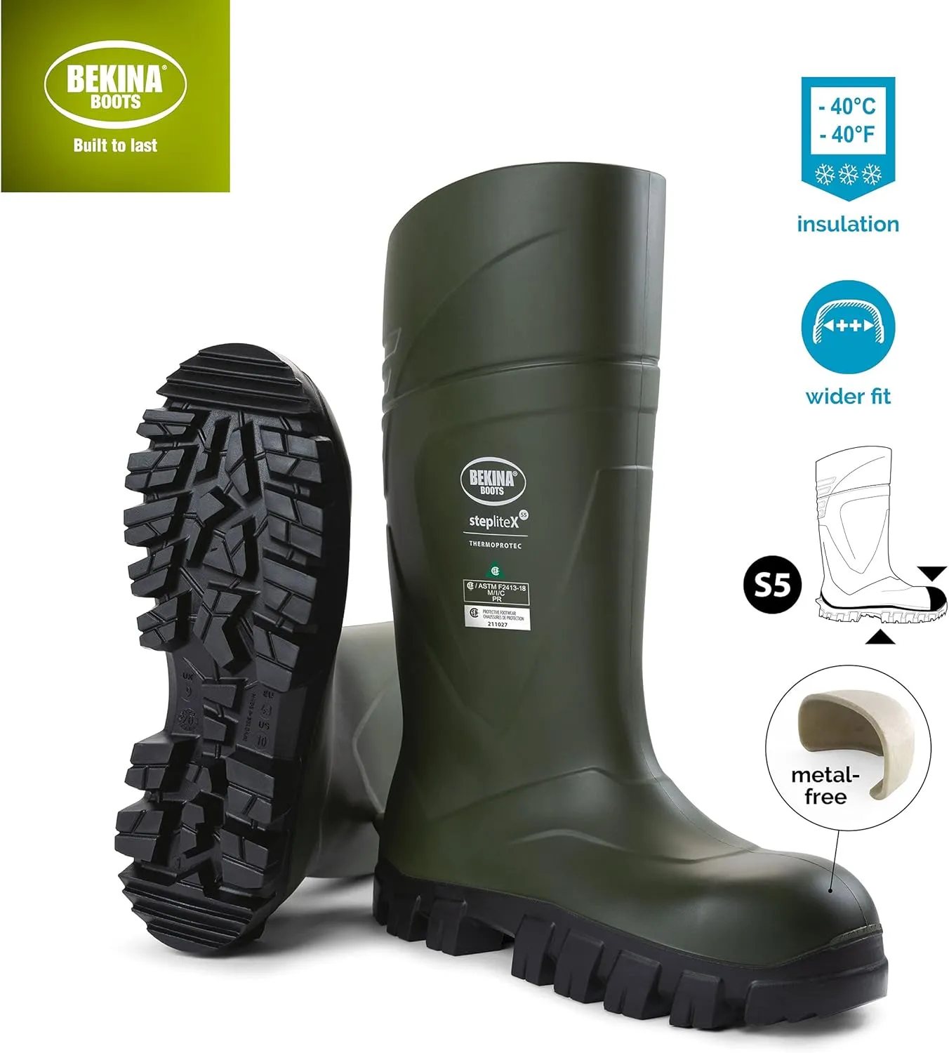 Bekina StepliteX ThermoProtec S5 Insulated Wellington Boots for Men and Women - Lightweight Waterproof Non Slip Composite Toe Work Boots for Men and Women; ASTM Rated