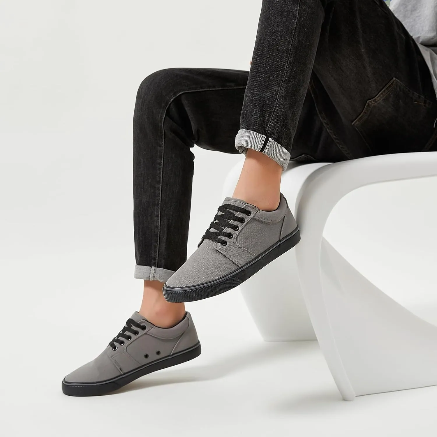 BENPAO Mens White Casual Shoes All Black Fashion Sneakers for Men Low Top Lace Up Canvas Shoes