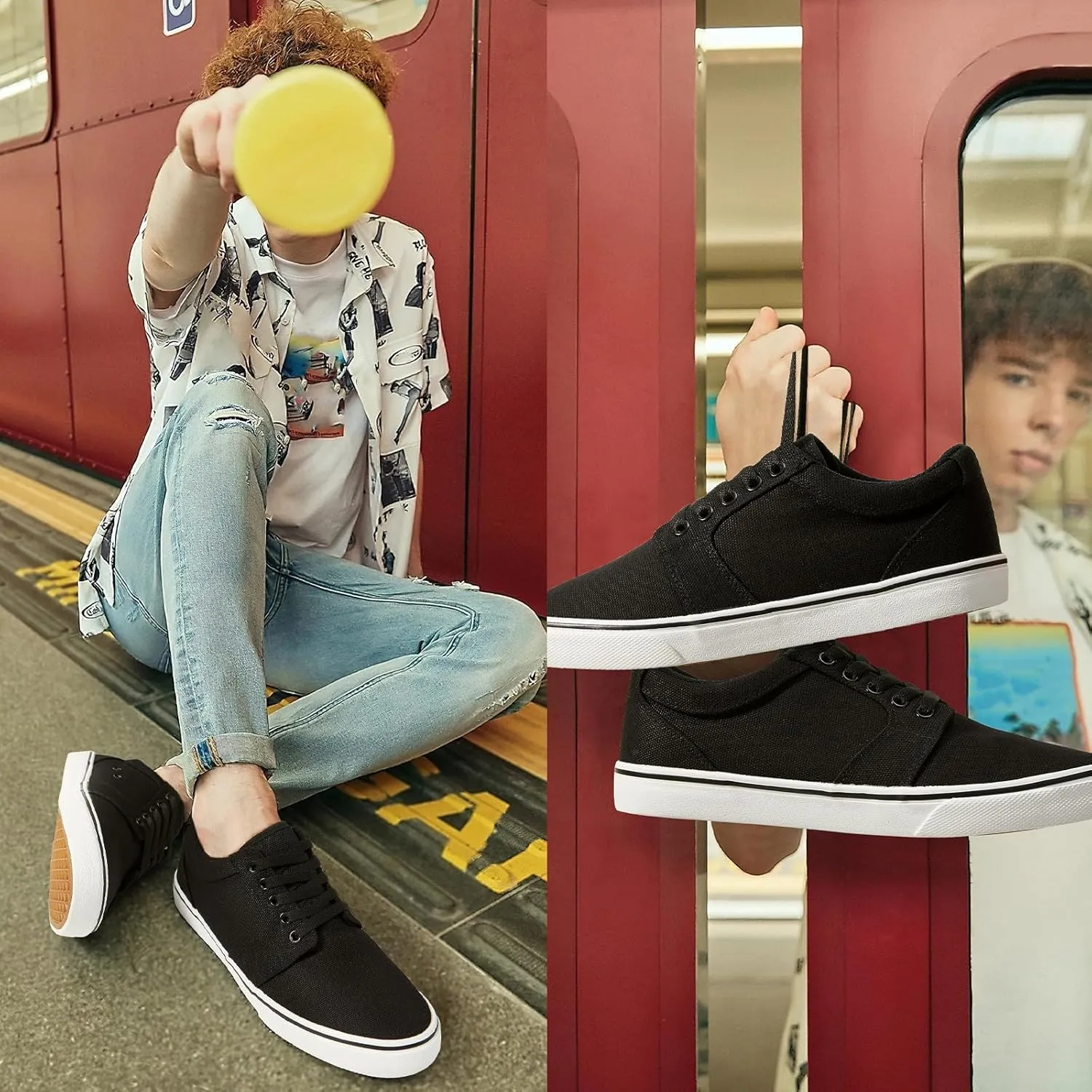 BENPAO Mens White Casual Shoes All Black Fashion Sneakers for Men Low Top Lace Up Canvas Shoes