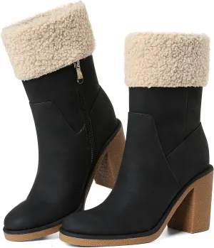 Black Suede Winter Snow Boots for Women Chunky Mid Heel Round Toe Ankle Booties Cute Warm Furry Walk Outdoor Boot