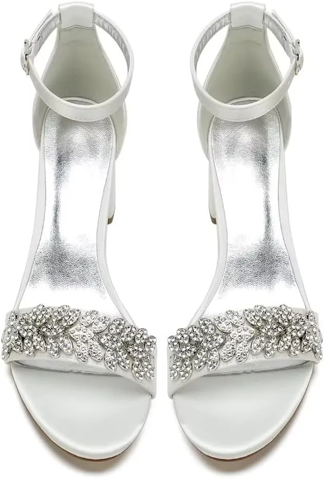 Block Heel Wedding Sandals Shoes for Bride Open Toe Crystals Formal Party Heels Sandal 1151-3