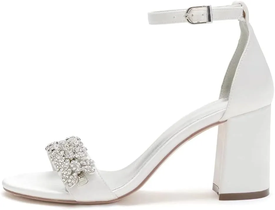 Block Heel Wedding Sandals Shoes for Bride Open Toe Crystals Formal Party Heels Sandal 1151-3
