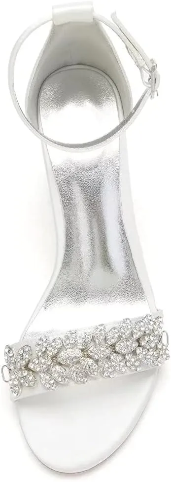 Block Heel Wedding Sandals Shoes for Bride Open Toe Crystals Formal Party Heels Sandal 1151-3