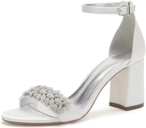 Block Heel Wedding Sandals Shoes for Bride Open Toe Crystals Formal Party Heels Sandal 1151-3