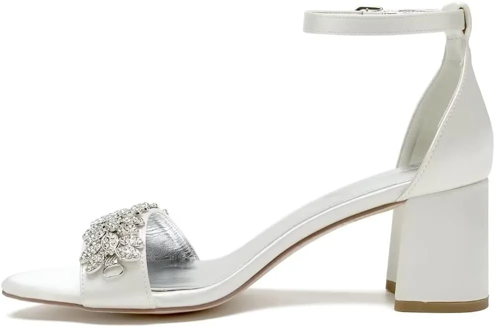 Block Heel Wedding Sandals Shoes for Bride Open Toe Crystals Formal Party Heels Sandal 1151-3