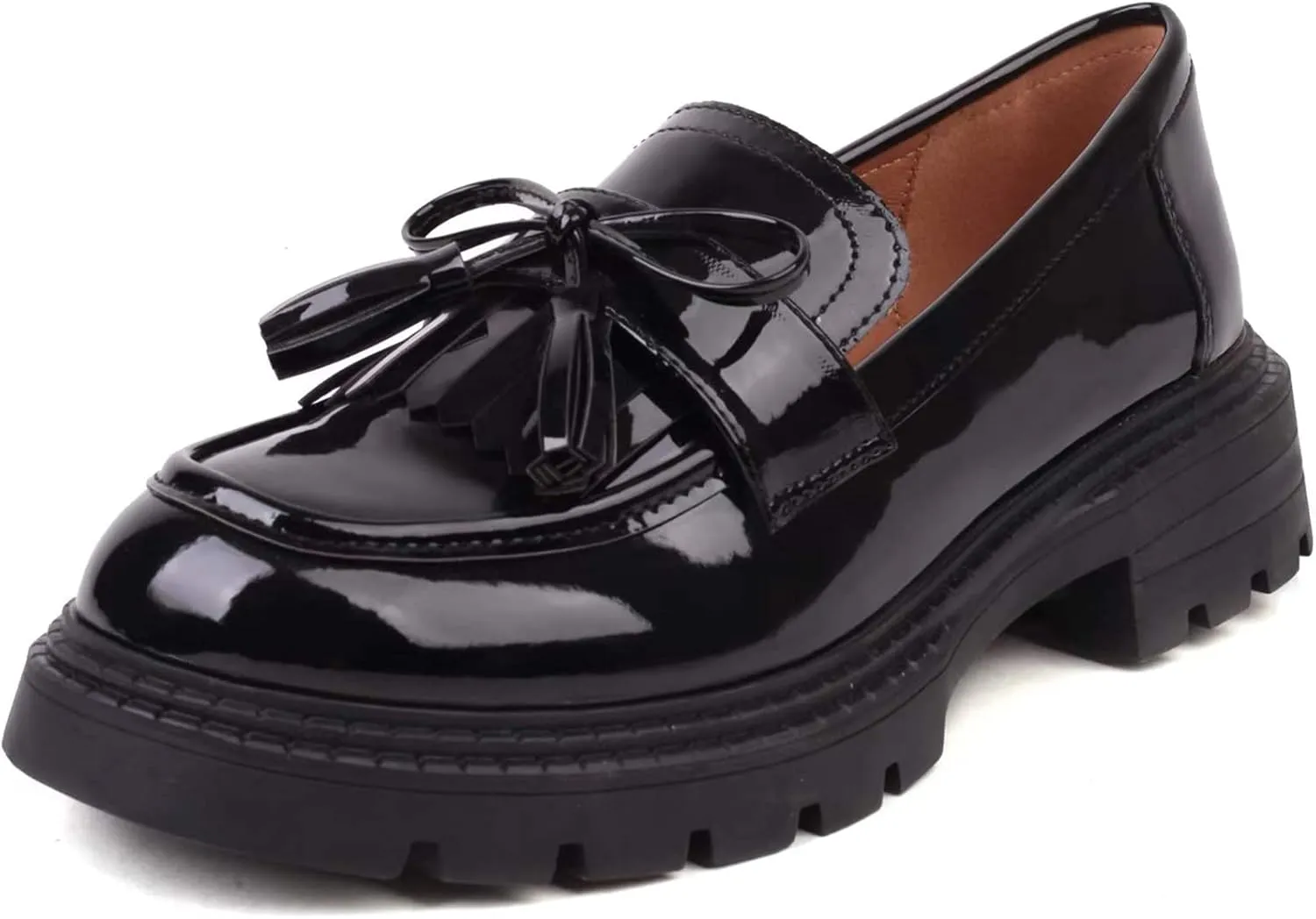British Style Women's Fashion Loafers, Patent Leather Tassel Loafers, Black Thick-Soled Loafers, Slip-on Thick-Soled Loafers, Simple Casual Flat Shoes, Plus Size Shoes.