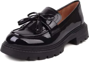 British Style Women's Fashion Loafers, Patent Leather Tassel Loafers, Black Thick-Soled Loafers, Slip-on Thick-Soled Loafers, Simple Casual Flat Shoes, Plus Size Shoes.