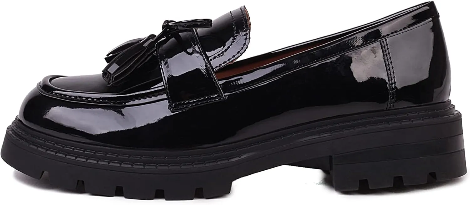 British Style Women's Fashion Loafers, Patent Leather Tassel Loafers, Black Thick-Soled Loafers, Slip-on Thick-Soled Loafers, Simple Casual Flat Shoes, Plus Size Shoes.