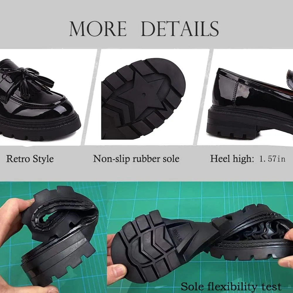 British Style Women's Fashion Loafers, Patent Leather Tassel Loafers, Black Thick-Soled Loafers, Slip-on Thick-Soled Loafers, Simple Casual Flat Shoes, Plus Size Shoes.