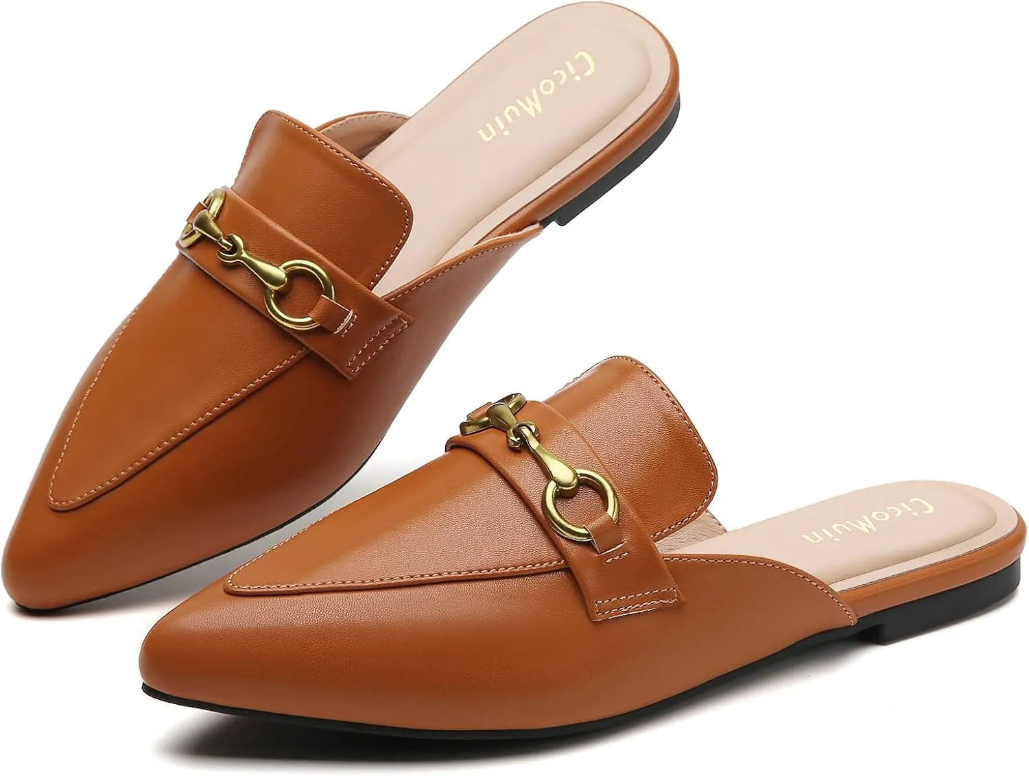 Buckle Mules for Women Pointed Toe Backless Flat Mules Slip on Slides Loafer Shoes