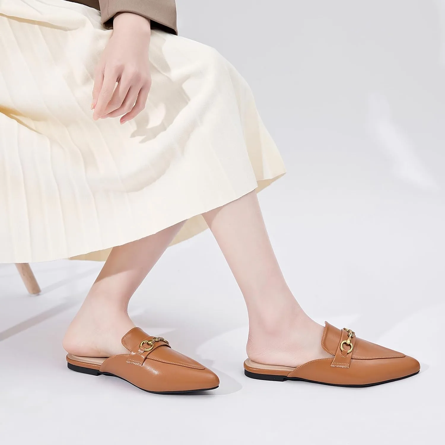 Buckle Mules for Women Pointed Toe Backless Flat Mules Slip on Slides Loafer Shoes