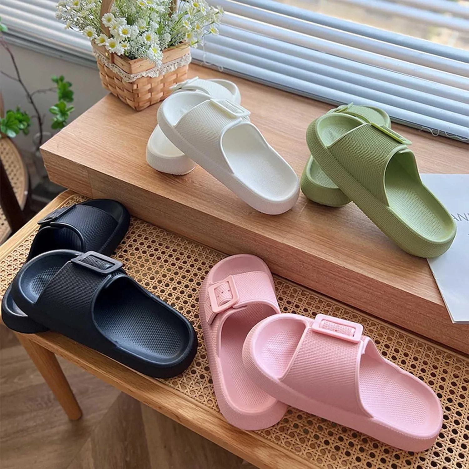 Buckle Rubber Arch Support Pillow Slippers Comfy Cloud Slippers Thick Sole EVA Soft Cushion Slides Open Toe Quick Drying Spa Bath Pool House Casual Shower Sandals Indoor Outdoor,Black 35-36