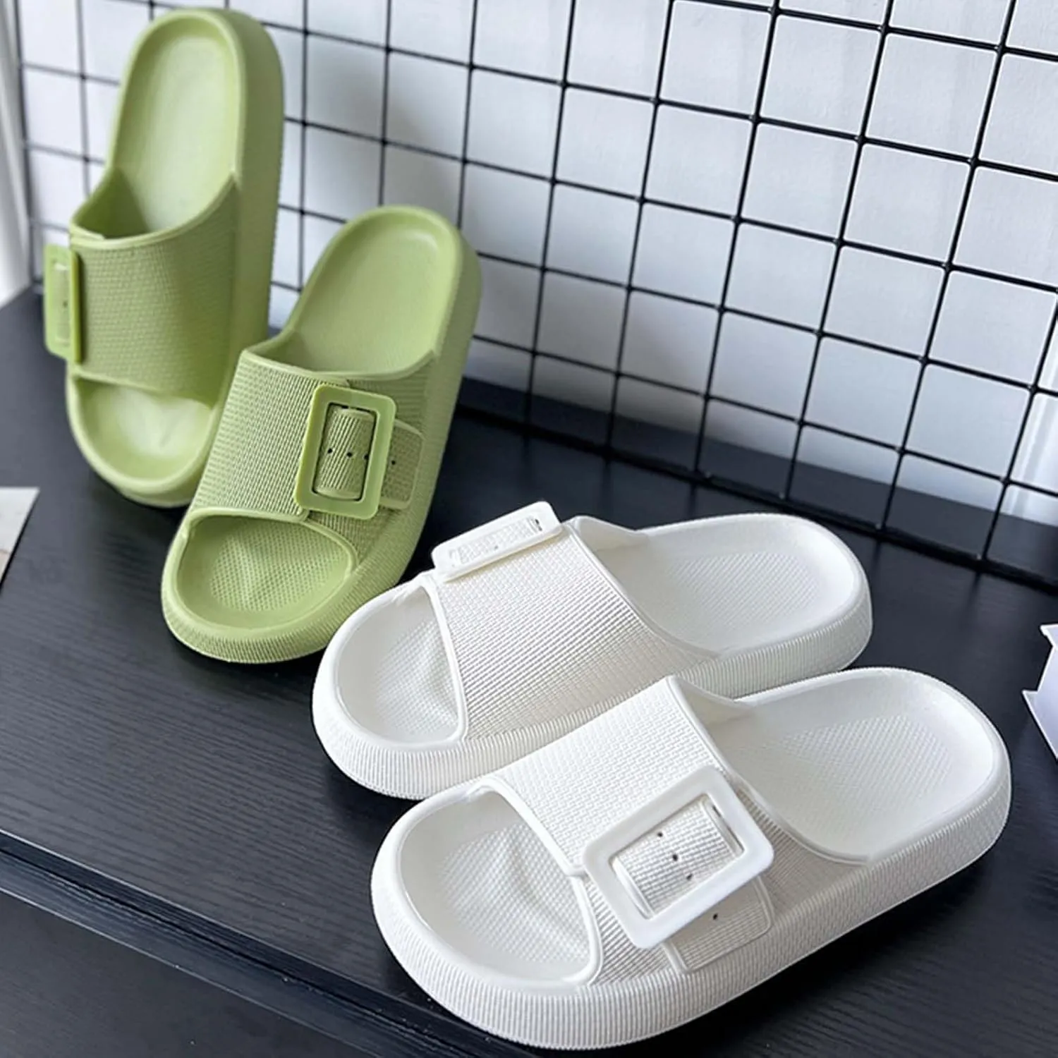 Buckle Rubber Arch Support Pillow Slippers Comfy Cloud Slippers Thick Sole EVA Soft Cushion Slides Open Toe Quick Drying Spa Bath Pool House Casual Shower Sandals Indoor Outdoor,Black 35-36