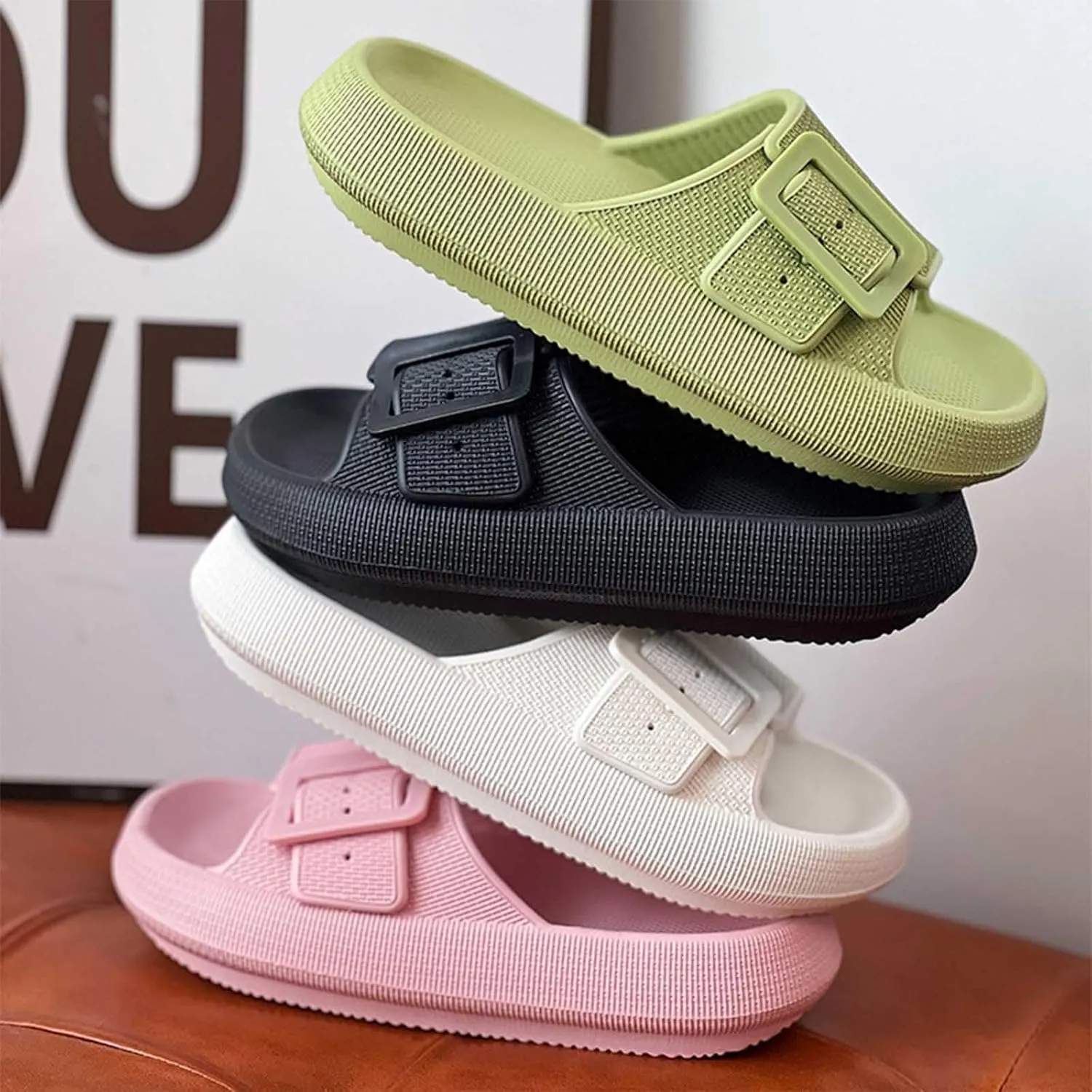 Buckle Rubber Arch Support Pillow Slippers Comfy Cloud Slippers Thick Sole EVA Soft Cushion Slides Open Toe Quick Drying Spa Bath Pool House Casual Shower Sandals Indoor Outdoor,Black 35-36