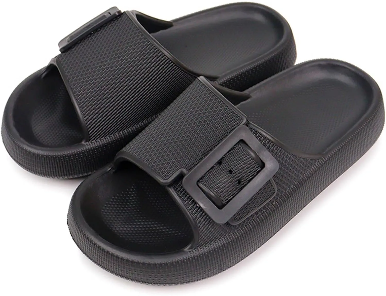 Buckle Rubber Arch Support Pillow Slippers Comfy Cloud Slippers Thick Sole EVA Soft Cushion Slides Open Toe Quick Drying Spa Bath Pool House Casual Shower Sandals Indoor Outdoor,Black 35-36