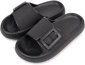 Buckle Rubber Arch Support Pillow Slippers Comfy Cloud Slippers Thick Sole EVA Soft Cushion Slides Open Toe Quick Drying Spa Bath Pool House Casual Shower Sandals Indoor Outdoor,Black 35-36