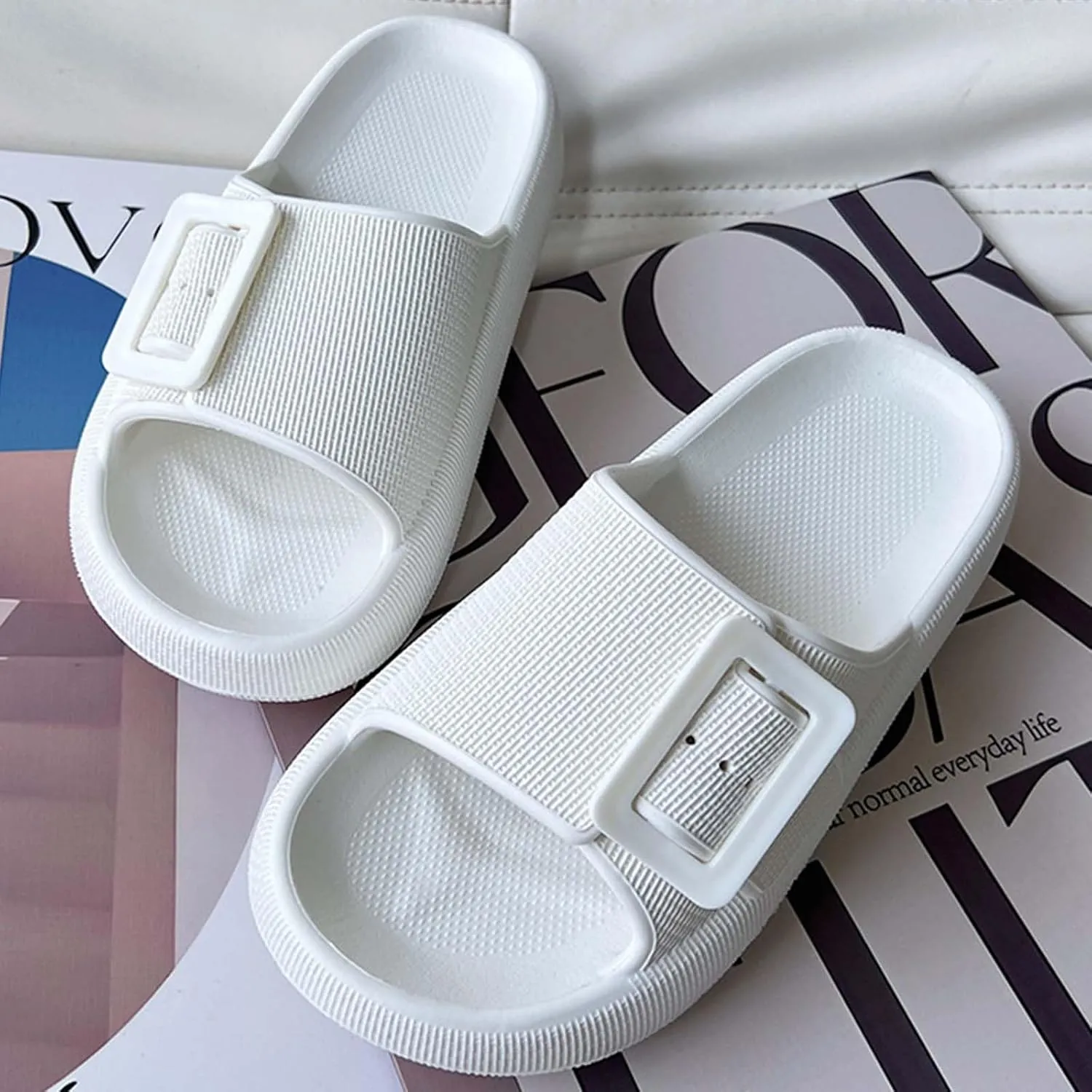 Buckle Rubber Arch Support Pillow Slippers Comfy Cloud Slippers Thick Sole EVA Soft Cushion Slides Open Toe Quick Drying Spa Bath Pool House Casual Shower Sandals Indoor Outdoor,Black 35-36