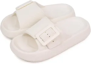 Buckle Rubber Arch Support Pillow Slippers Comfy Cloud Slippers Thick Sole EVA Soft Cushion Slides Open Toe Quick Drying Spa Bath Pool House Casual Shower Sandals Indoor Outdoor,Black 35-36