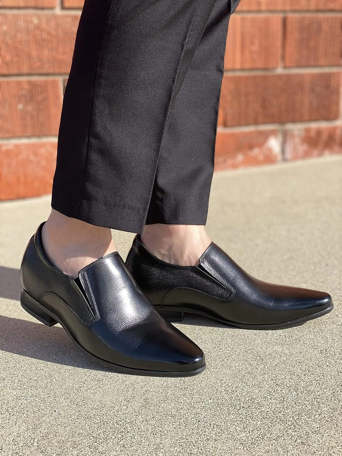 CALTO Men's Invisible Height Increasing Elevator Shoes - Black Leather Slip-on Formal Dress Loafers- 3 Inches Taller - Y5530 - Size 7 D(M) US