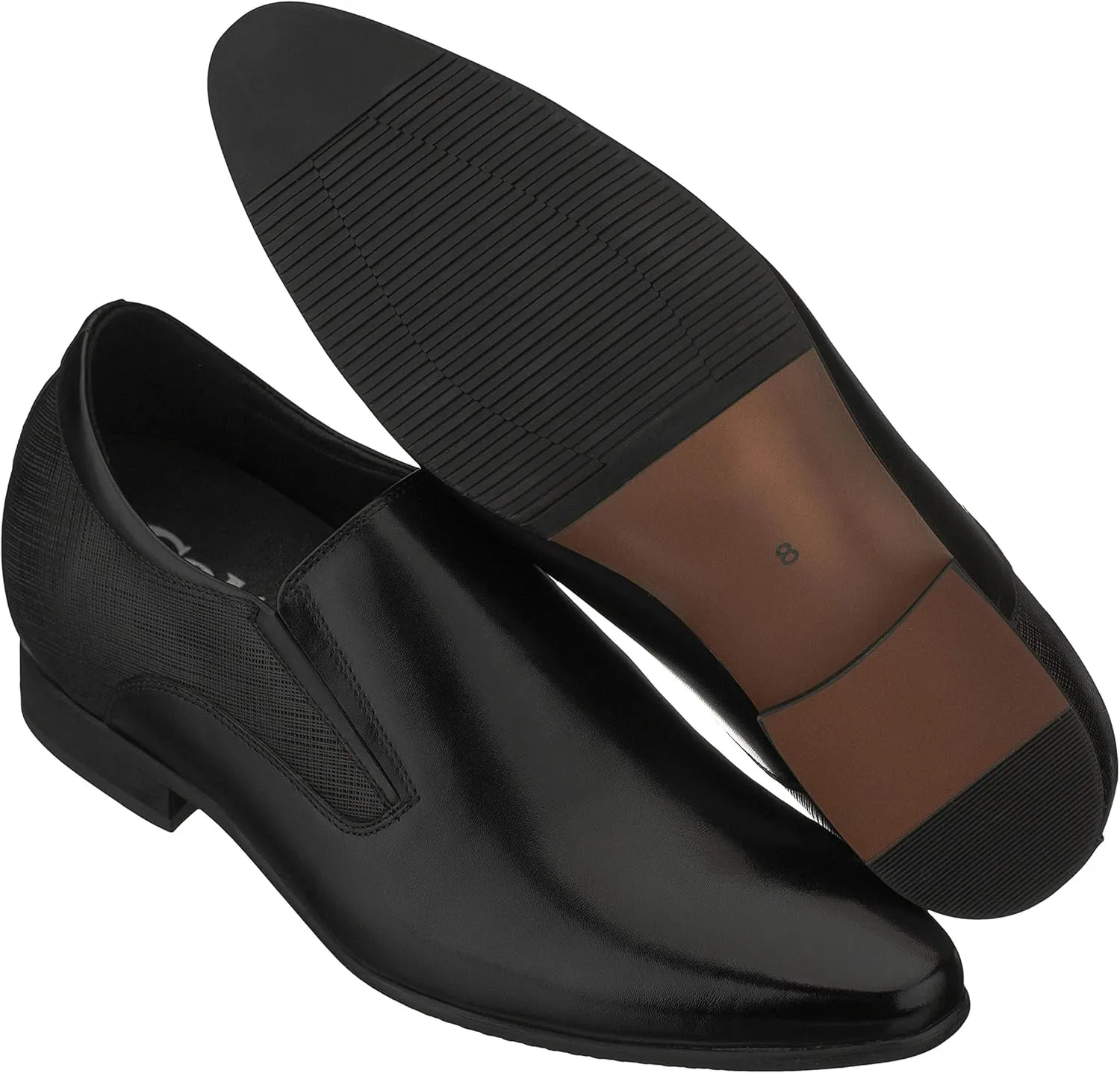 CALTO Men's Invisible Height Increasing Elevator Shoes - Black Leather Slip-on Formal Dress Loafers- 3 Inches Taller - Y5530 - Size 7 D(M) US