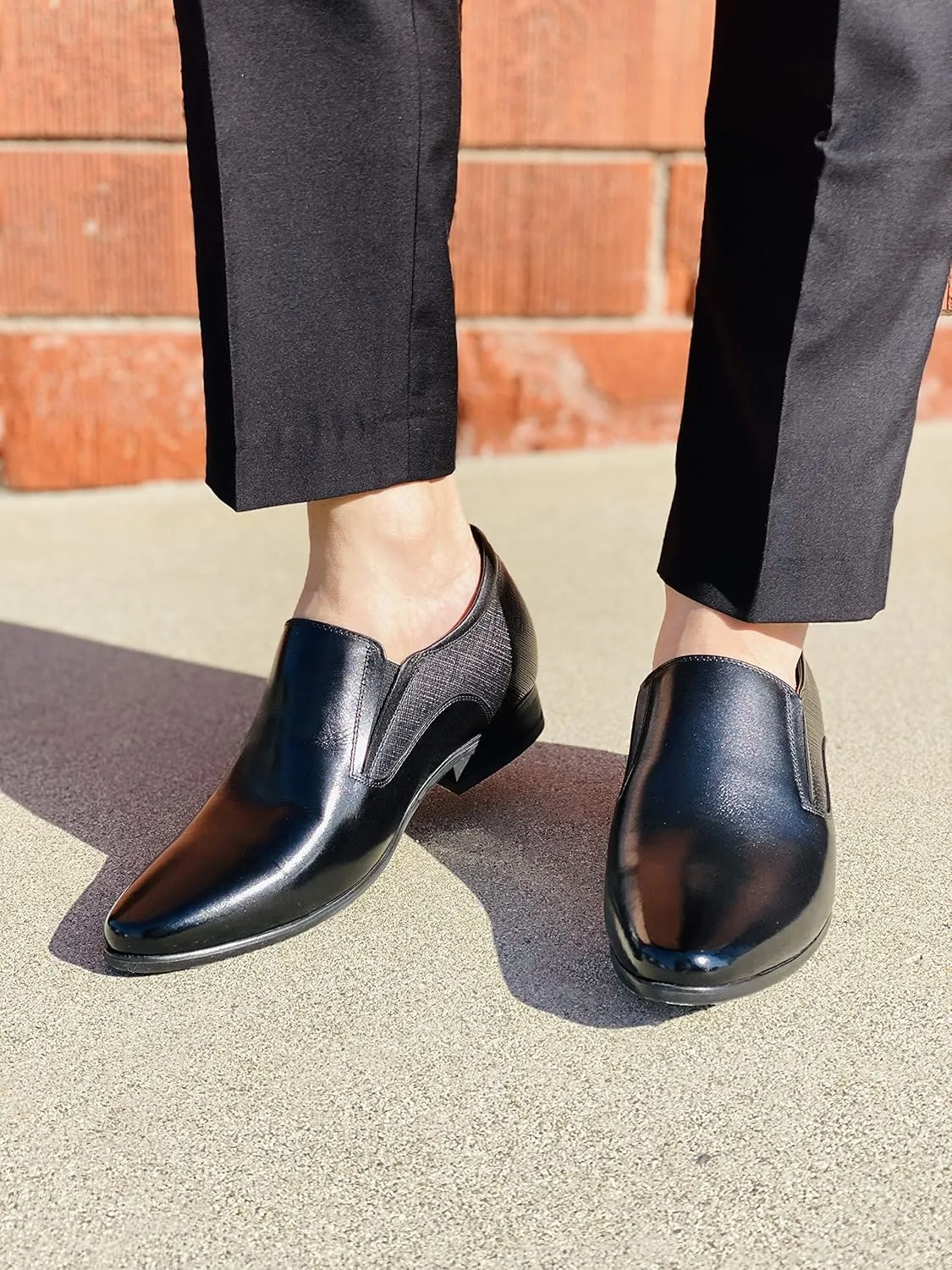 CALTO Men's Invisible Height Increasing Elevator Shoes - Black Leather Slip-on Formal Dress Loafers- 3 Inches Taller - Y5530 - Size 7 D(M) US