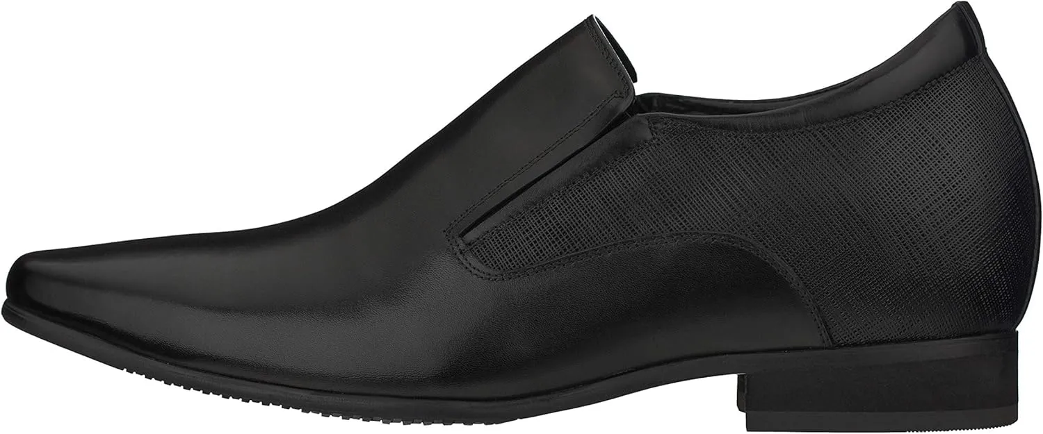 CALTO Men's Invisible Height Increasing Elevator Shoes - Black Leather Slip-on Formal Dress Loafers- 3 Inches Taller - Y5530 - Size 7 D(M) US