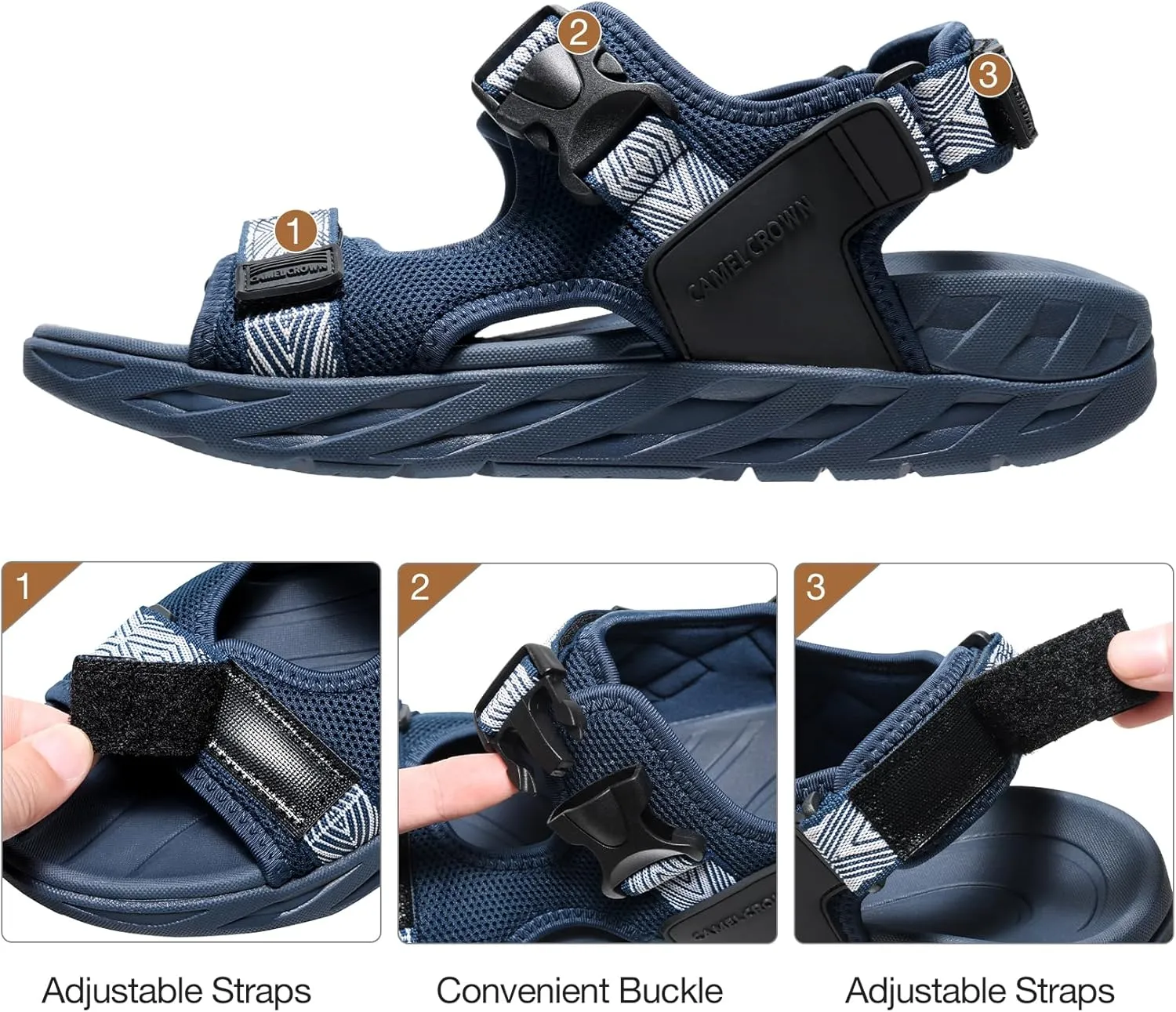CAMEL CROWN Hiking Sandals for Men with Adjustable Strap Man Walking Sandal Arch Support Sports Sandals Breathable Mesh Beach Sandal