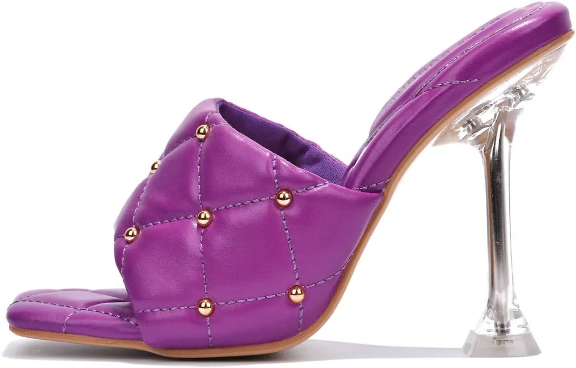 Cape Robbin Cecilla Sexy Quilted Stiletto High Heels for Women, Clear Slip On Heeled Mule Shoes with Balls Decoration