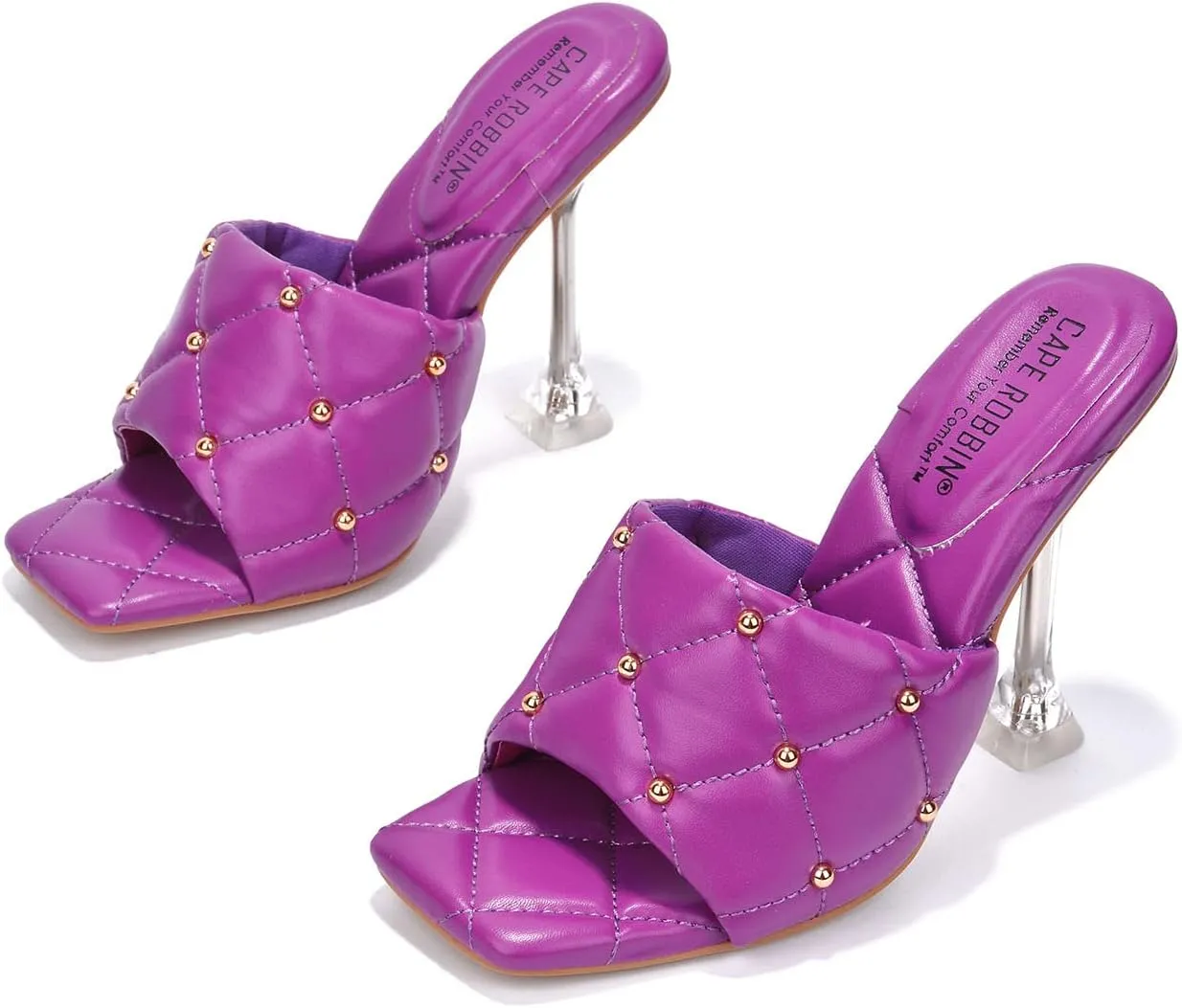 Cape Robbin Cecilla Sexy Quilted Stiletto High Heels for Women, Clear Slip On Heeled Mule Shoes with Balls Decoration