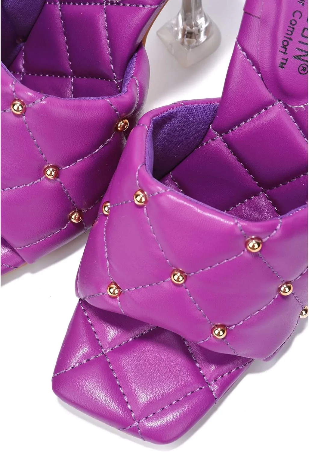 Cape Robbin Cecilla Sexy Quilted Stiletto High Heels for Women, Clear Slip On Heeled Mule Shoes with Balls Decoration