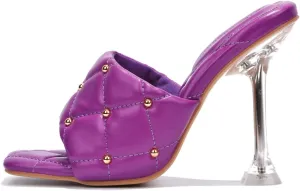 Cape Robbin Cecilla Sexy Quilted Stiletto High Heels for Women, Clear Slip On Heeled Mule Shoes with Balls Decoration