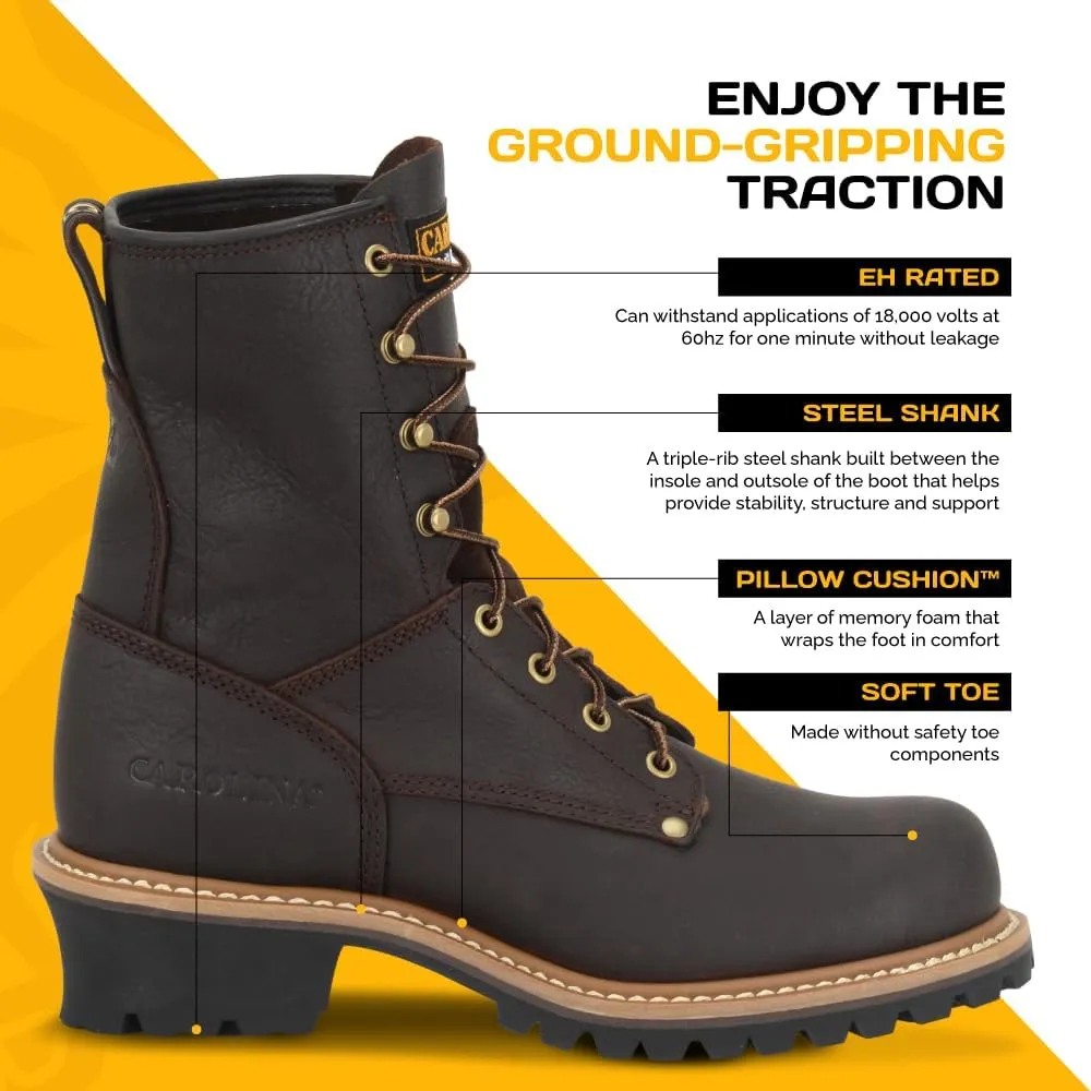 Carolina Elm 8” Unlined Logger Boots for Men - Unlined Leather Upper, Pillow Cushion Footbed, and Welted Oil- and Slip-Resistant Outsole, EH Rated