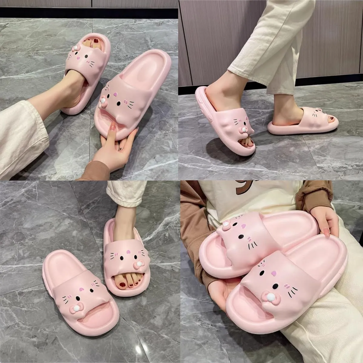 Cat Slippers Women Cute Kitty Pillow Slides Thick Sole Kawaii Non Slip Quick Drying Preppy Shower Bathroom Sandals Outdoor