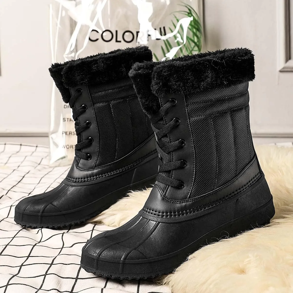 CERYTHRINA Womens Duck Boots Waterproof Warm Snow Boots Outdoor Warm Lined Winter Booties Mid-Calf Rain Boot