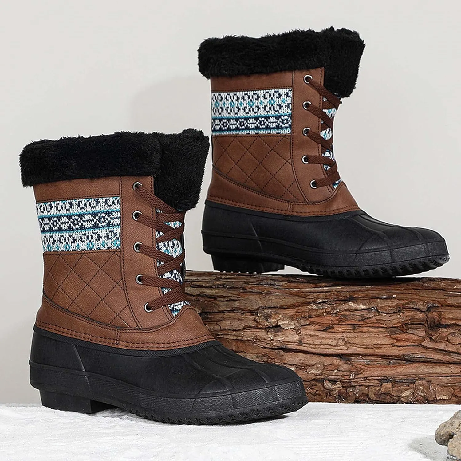 CERYTHRINA Womens Duck Boots Waterproof Warm Snow Boots Outdoor Warm Lined Winter Booties Mid-Calf Rain Boot