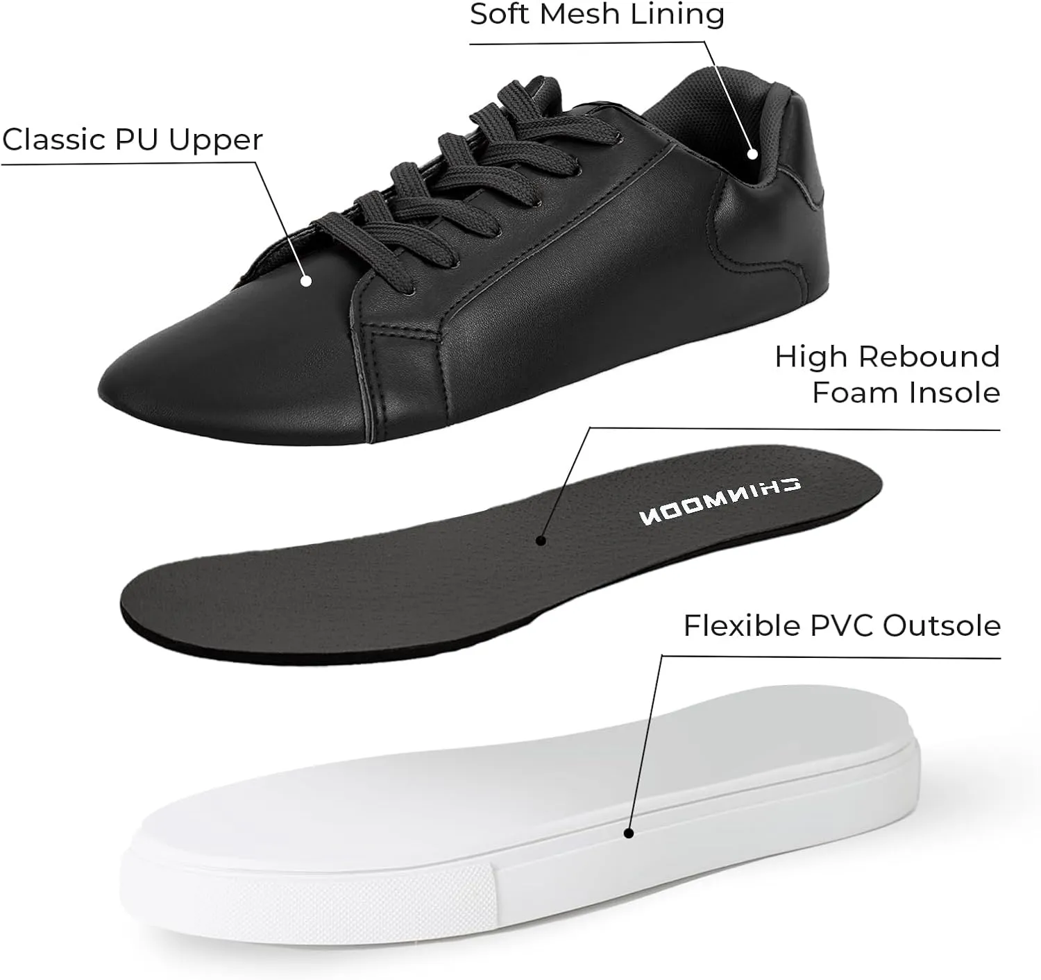 CHIN·MOON Women's Fashion Sneakers White PU Leather Casual Shoes Low Top Lace Up Tennis Sneakers