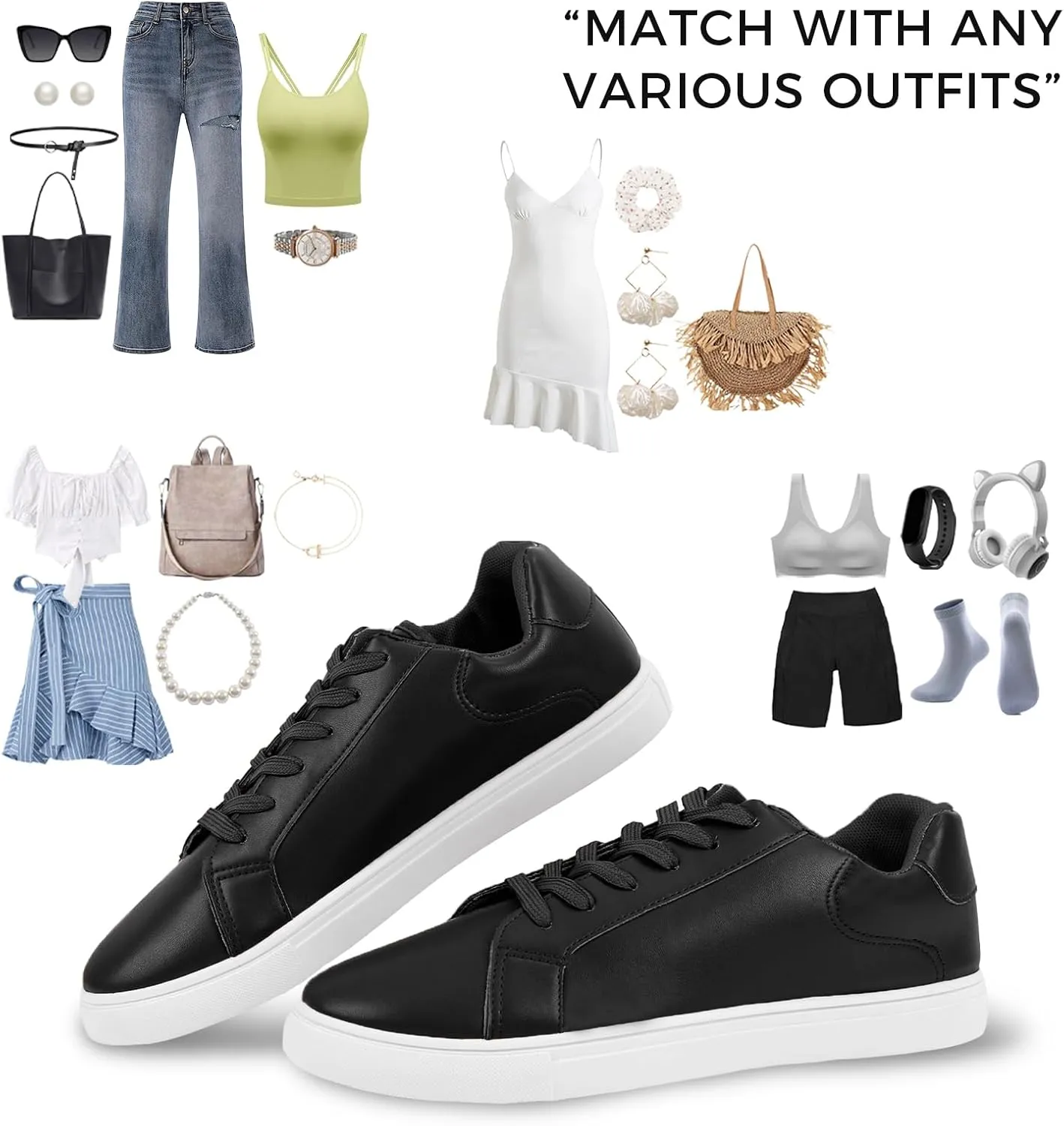 CHIN·MOON Women's Fashion Sneakers White PU Leather Casual Shoes Low Top Lace Up Tennis Sneakers
