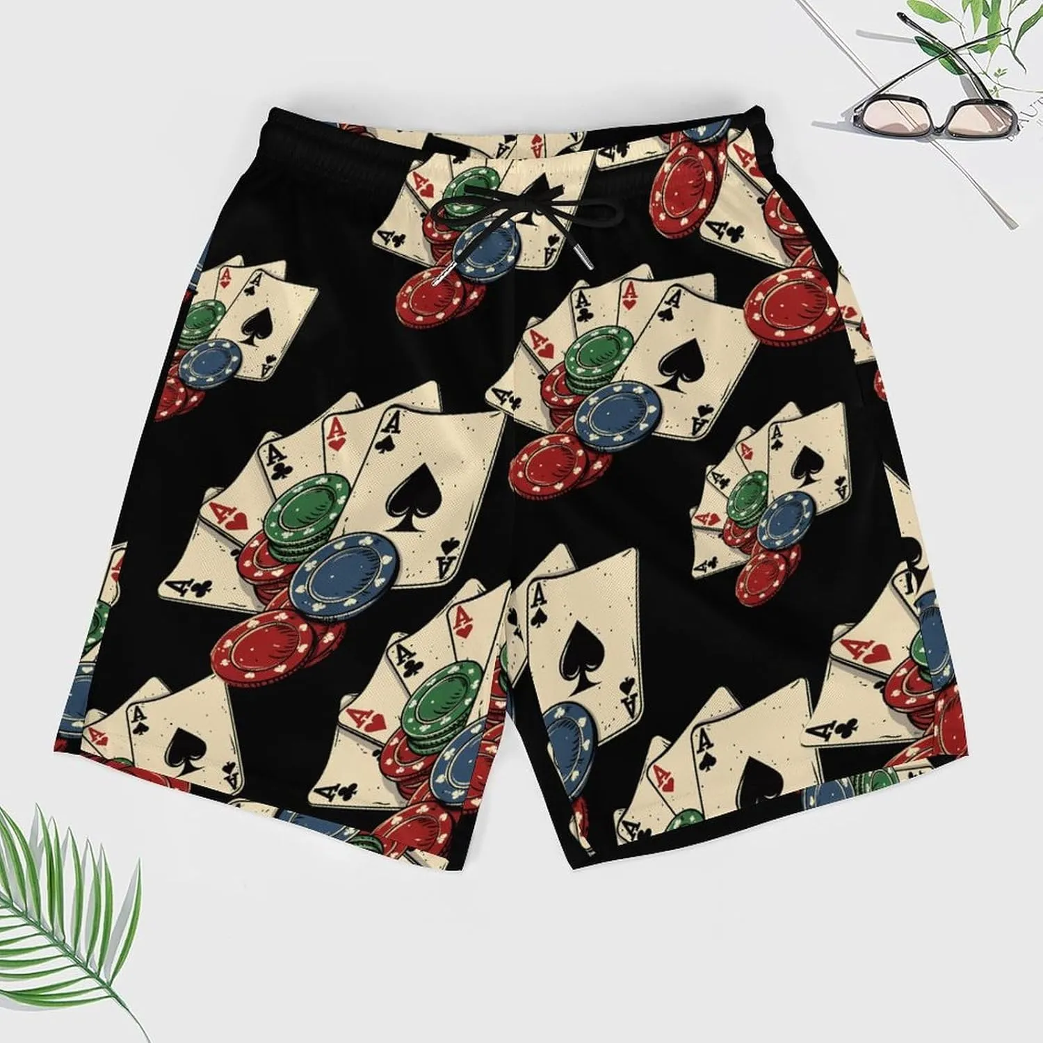 Chips with Poker Cards Men's Swim Trunks Quick Dry Board Shorts Swimwear Beach Shorts with Compression Liner