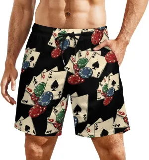 Chips with Poker Cards Men's Swim Trunks Quick Dry Board Shorts Swimwear Beach Shorts with Compression Liner