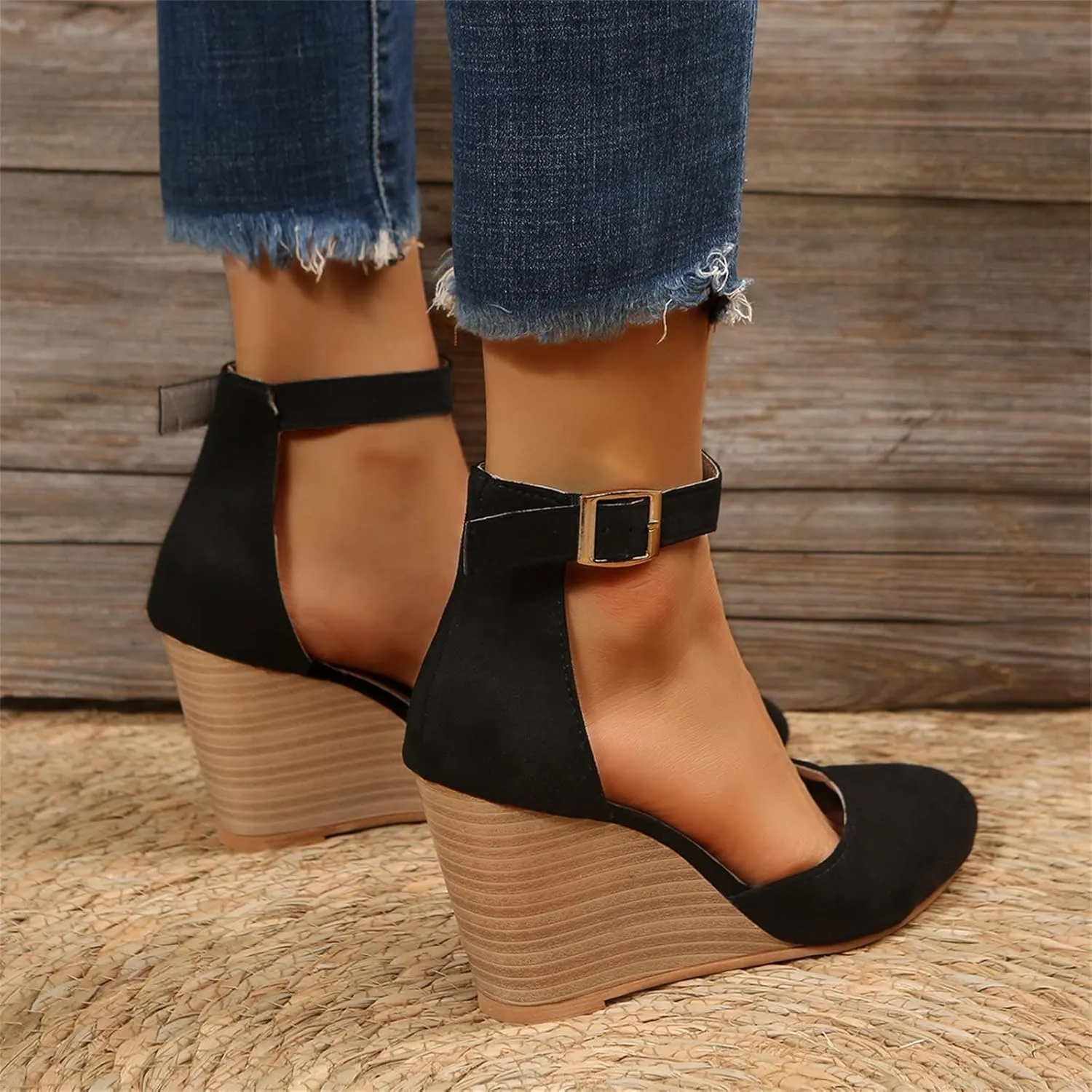 Closed Toe Wedges Heels for Women Dressy Platform Wedge Sandals Ankle Strap Heeled Espadrilles Sandals Ladies Comfortable Cork Summer Dress Shoes for Beach Wedding