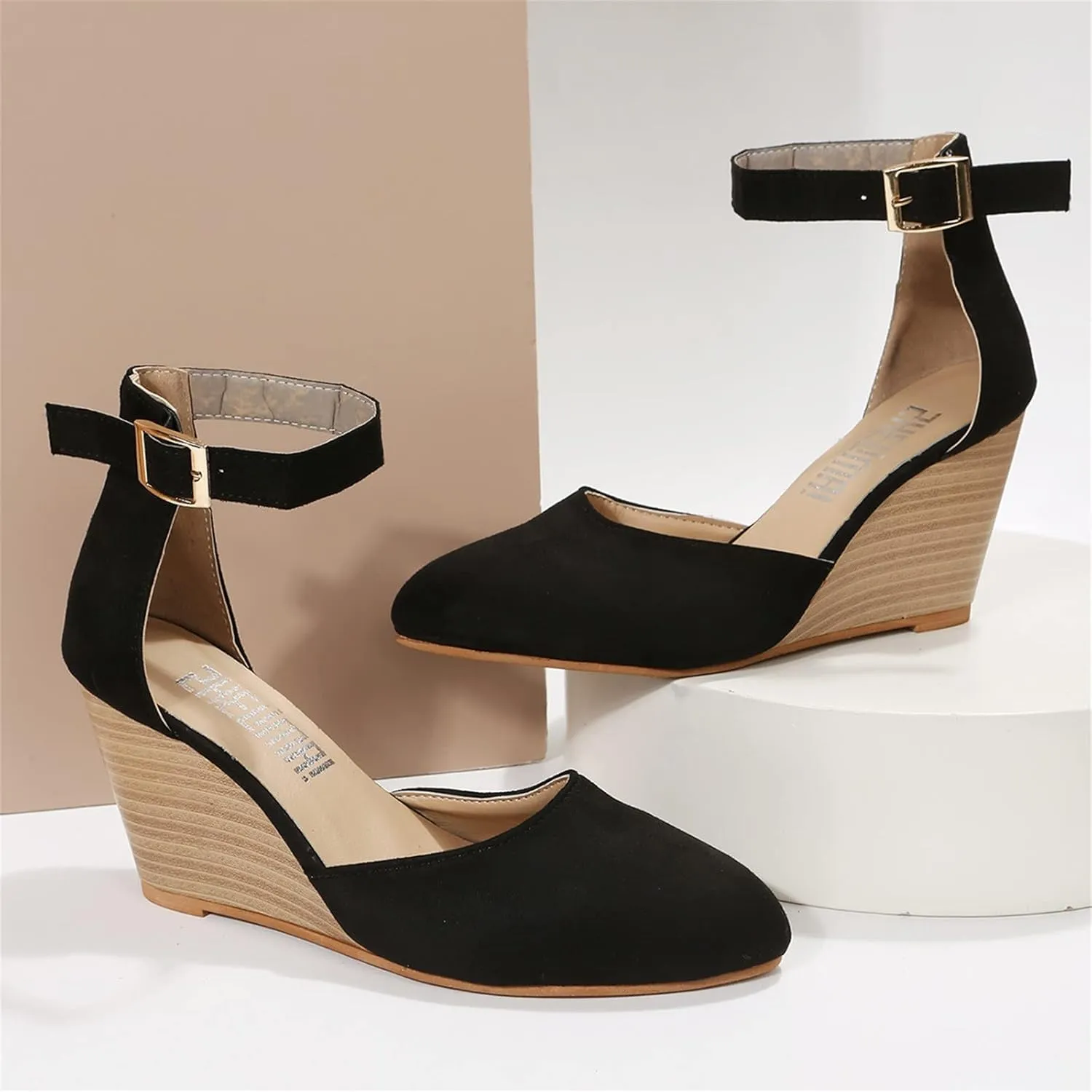 Closed Toe Wedges Heels for Women Dressy Platform Wedge Sandals Ankle Strap Heeled Espadrilles Sandals Ladies Comfortable Cork Summer Dress Shoes for Beach Wedding